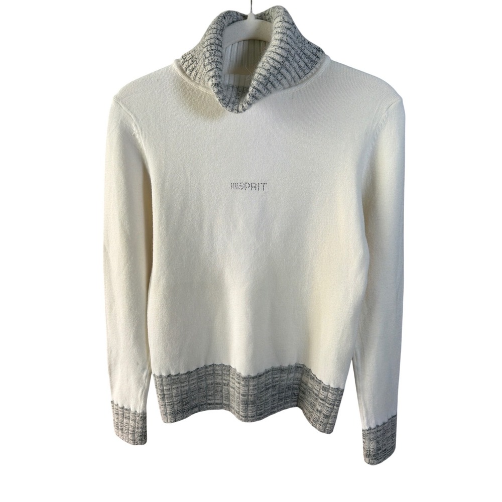 Esprit Cashmere Cotton Knit Sweater | Ivory Grey | Y2K Rhinestone Logo Cowl Neck